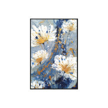 White Blossoms with Gold on Blue – Abstract Wall  