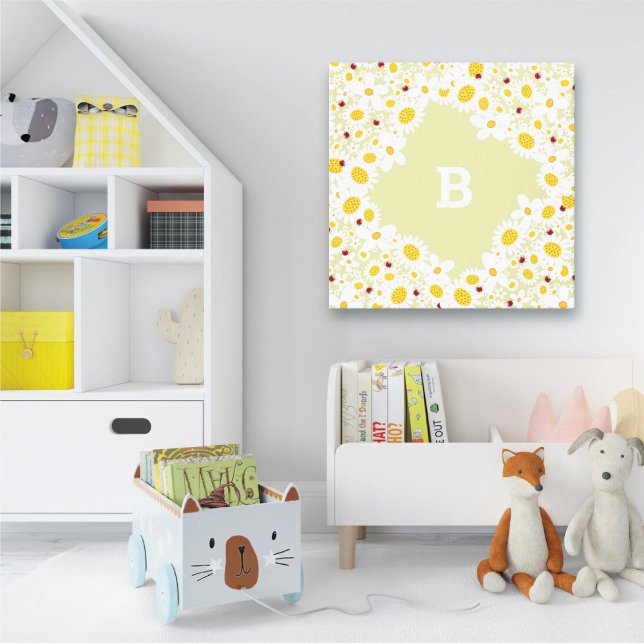 Impressão Em Tela White Daisies e Damybugs Girl Nursery Art (White Daisies and Ladybugs With Monogram Girl's Nursery / Kid's Room Canvas Wall Art @ fat_fa_tin)