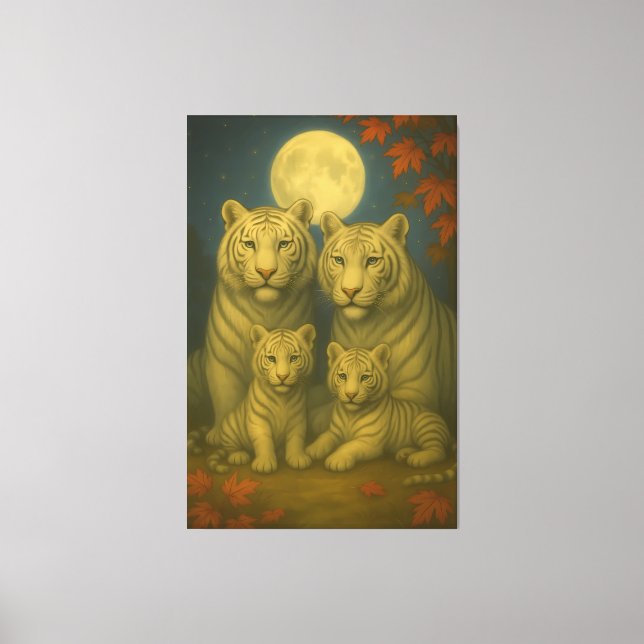 Impressão Em Tela White Tiger Family of Four – Moonlit Autumn Fine A (Frente)