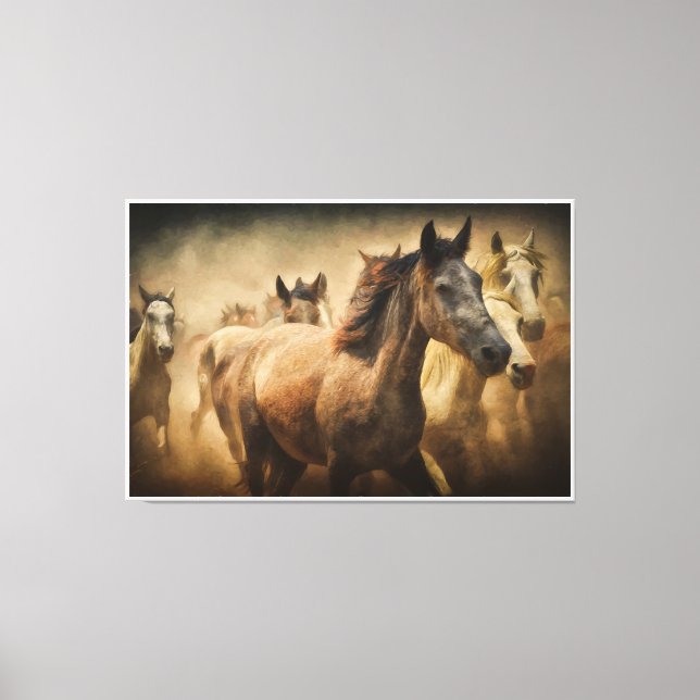 Impressão Em Tela Wild Running Horses: Western Rustic Wildlife Art (Frente)