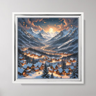 Impressão Em Tela "Winter Mountain Village under Moonlight - Cozy