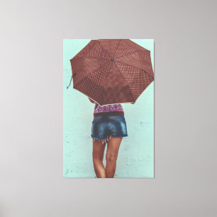 Impressão Em Tela Woman with Brown Polka Dot Umbrella Against Mint W