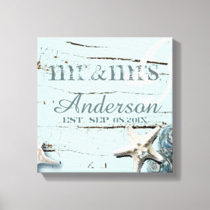 Impressão Em Tela wood BLue Seashells Beach Wedding mr e mrs