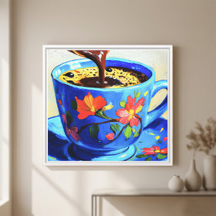 Impressão Em Tela Xícara de Café Floral Azul Moderno em Tela Quadrad