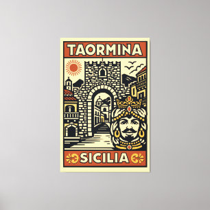 Impressão Em Tela Xilogravura Amarelo Vermelho Taormina Sicília Port