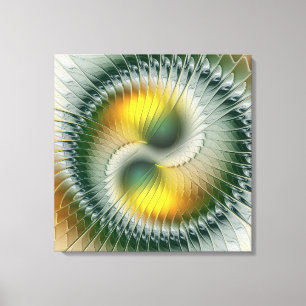 Impressão Em Tela Yin Yang Green Yellow Abstrato Fractal Triptych