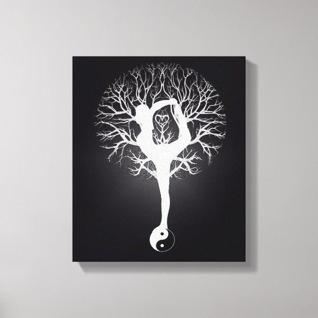 Impressão Em Tela Yoga preto e branco com mulher e yin yang. (Frente)