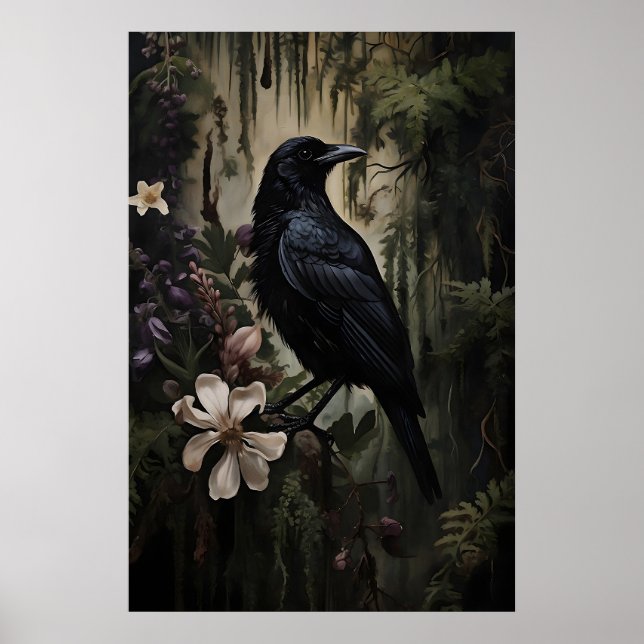 Impressão Floral de Corvo na Floresta, Gótico Dark (Frente)