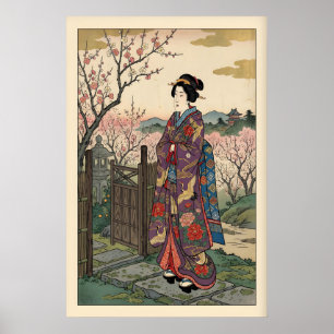 Impressão Hanami Maiko Quimono Floral Vintage