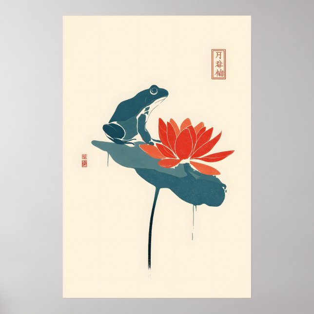 Impressão Minimalista Japonesa de Rã e Lótus (Frente)