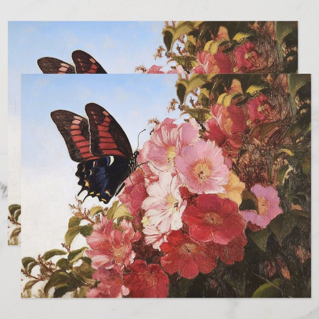 Impressionista Borboleta sobre Flores de Papel Esc (Frente/Verso)