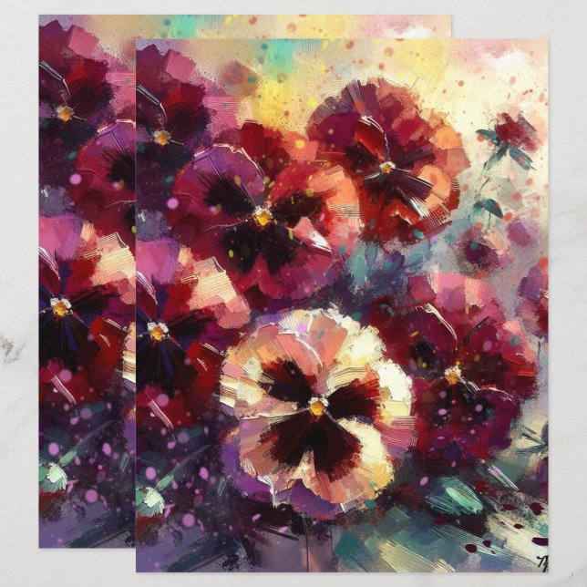 Impressionista Maroon Pansies Floral Pintura (Frente/Verso)