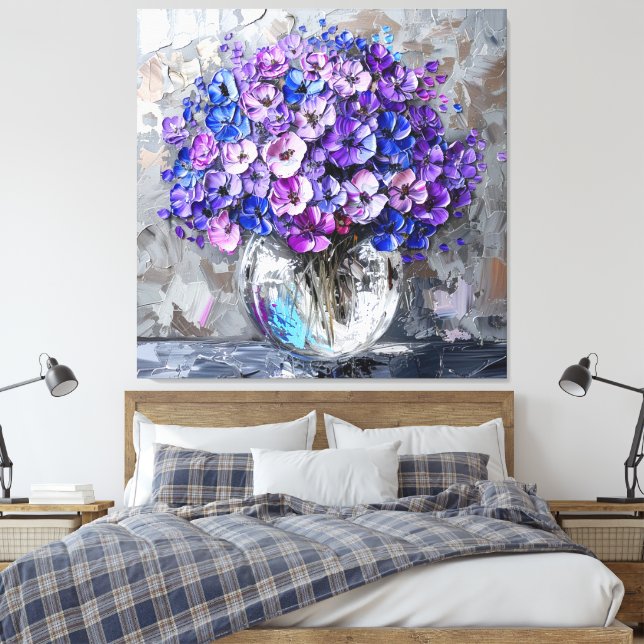 Impressões Artísticas Florais Roxo Azul e Cinza (Insitu(Quarto))