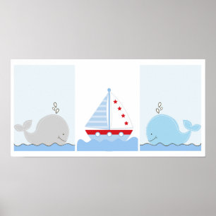 Impressões de Arte de Baleia Azul Pequena e Barco