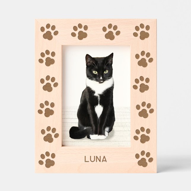 Impressões de Patinhas com Nome de Gato Personaliz (Personalized Cat Name paw prints etched wooden photo frame for pet lovers)