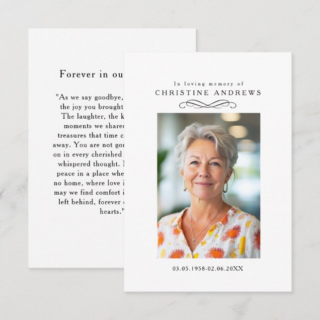 "In loving Memory" Elegant White Photo Prayer (Frente/Verso)