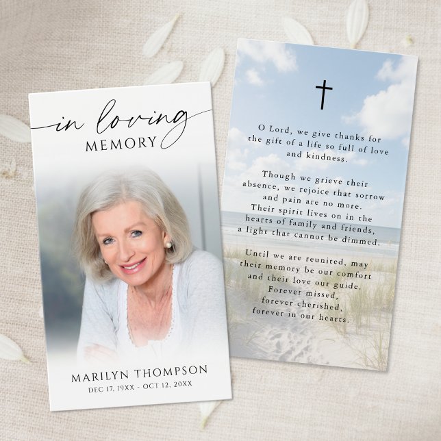 In Loving Memory Photo Beach Cross Prayer Cards (Criador carregado)