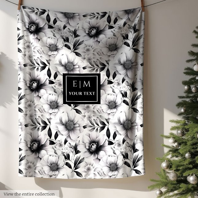Incrível cobertor de flores brancas e pretas opule (Amazing opulent black and white flowers blanket)