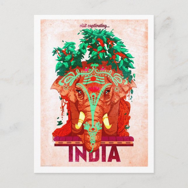 Índia, elefante vermelho, cartão postal de viagens (Frente)