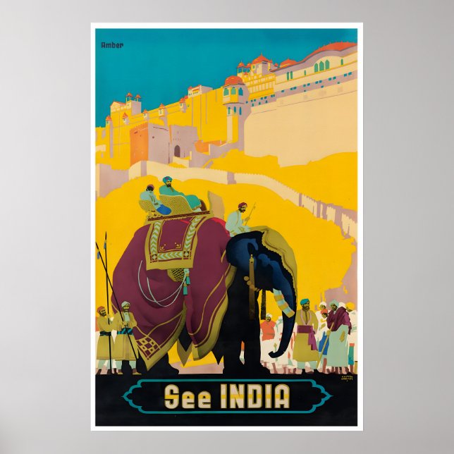 India Travel Poster Indian Print Elephant Art (Frente)