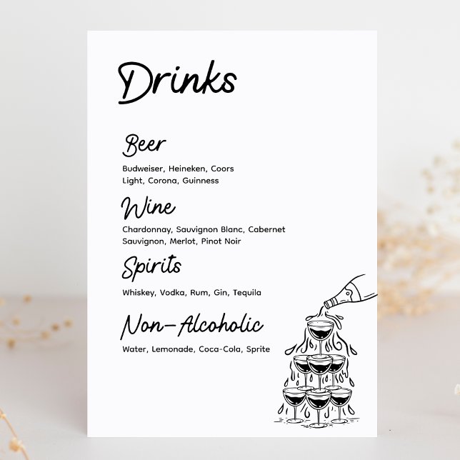 Indicador de Casamento Minimalista Moderno do Menu (Cheers! Keep it simple with this cute drink menu, perfect for any celebration, especially weddings.)