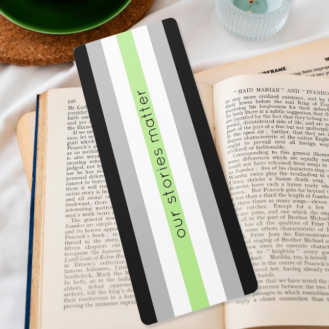 Indicador de Sinalizador de Orgulho Agender Strips (Agender flag bookmark that says 'our stories matter')