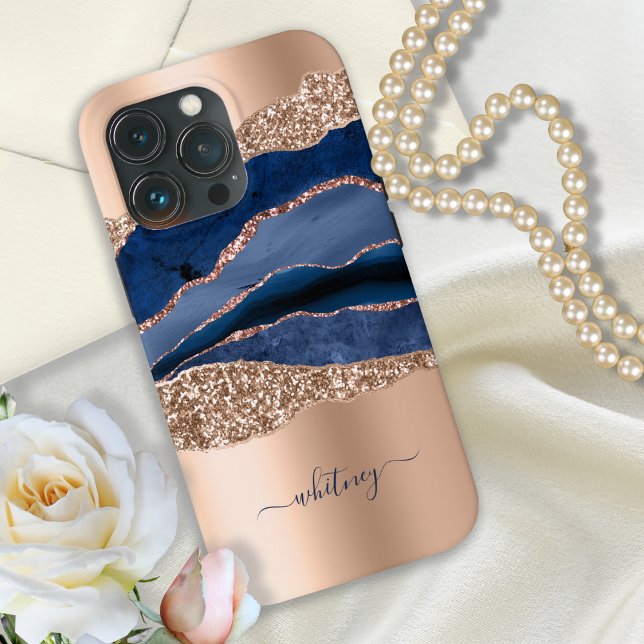 Indigo Blue Agate & Rosa Dourado Glitter Moderno (Criador carregado)