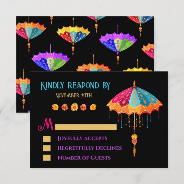 índio Hindu Colorful Parasol Weding RSVP (Frente/Verso)