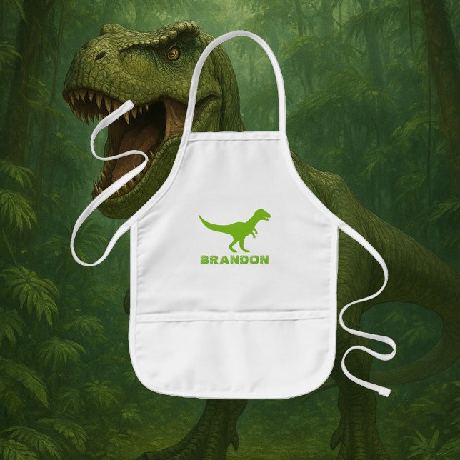 Infantil O dinossauro de T-rex caçoa o avental com nome (Green T-rex dinosaur apron for kids)