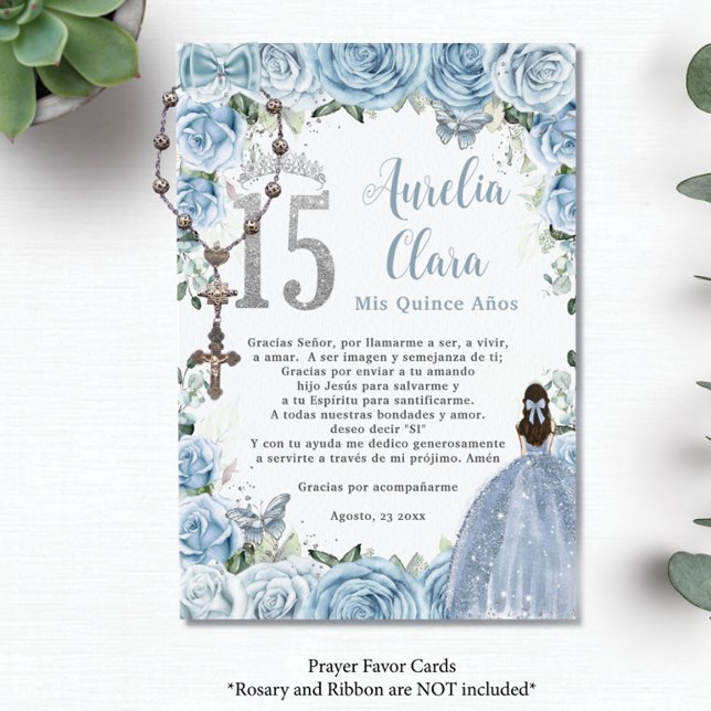 Informações Bebê Blue Floral Moça Glória Quinceañera Cartão de (baby blue roses floral rosary prayer card favors princess girl dress butterflies quinceanera printed)