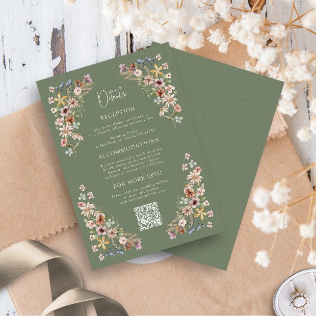 Informações Cartão de Detalhe Boho Sage (Boho Sage Green Wildflower Detail Card QR Code by Painted Paperie
)