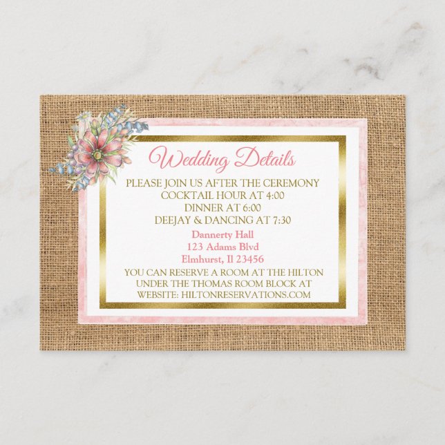 Informações Cartão de Detalhe de Casamento de Flores e Burlap  (Frente)