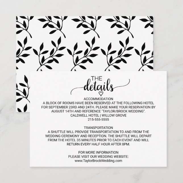 Informações Cartão de Detalhes da Caligrafia Preta Simples (Frente/Verso)