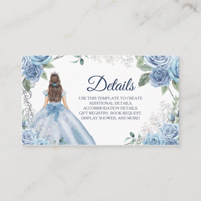 Informações Cartão de Detalhes da Quinceañera Floral Azul Dust (Frente)