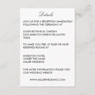 Informações Cartão de Detalhes de Casamento Branco Minimalista