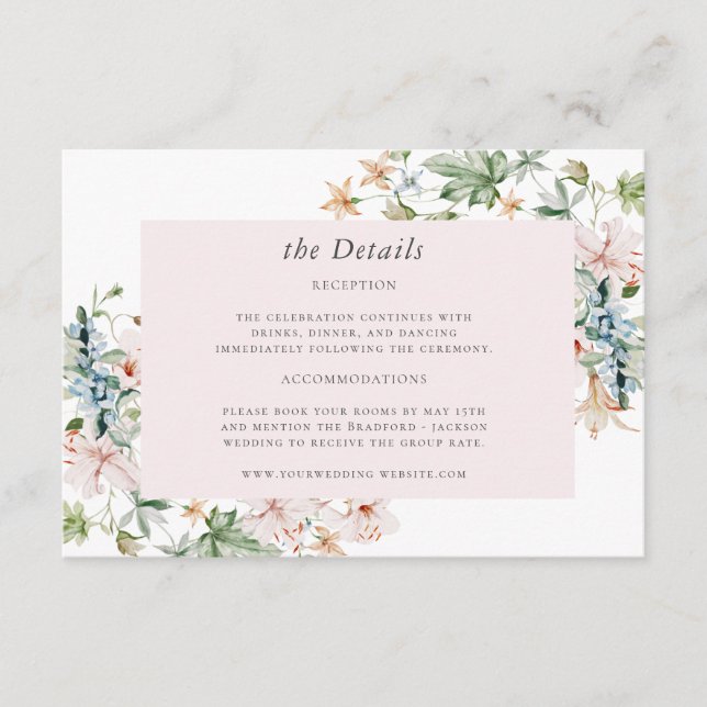 Informações Cartão de Detalhes de Casamento com Flores Rosa (Frente)