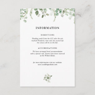 Informações cartão de detalhes de casamento com verde de eucal