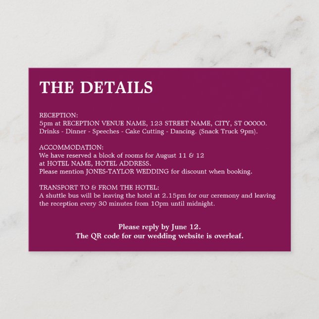 Informações Cartão de Detalhes de Casamento do Código QR do Vi (Frente)