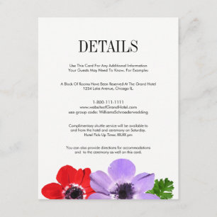 Informações Cartão de Detalhes de Casamento Floral Anemone Por