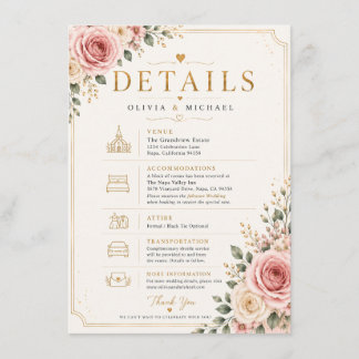 Informações Cartão de Detalhes de Casamento Floral Rosa Corado