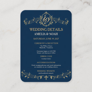 Informações Cartão de Detalhes de Casamento Navy Dourado com N
