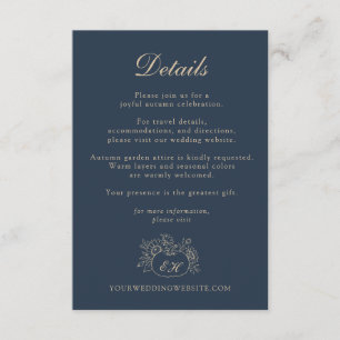 Informações Cartão de Detalhes de Casamento Outonal Navy Doura