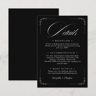 Informações Cartão de Detalhes de Casamento Preto Elegância At