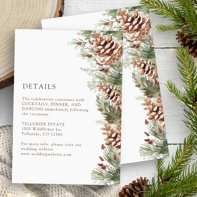 Informações Cartão de Detalhes de Inverno (White Winter Watercolor Evergreen Pinecones Details Enclosure Card by Painted Paperie)