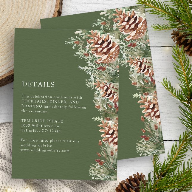 Informações Cartão de Detalhes de Inverno Verde (Green Winter Watercolor Evergreen Pinecones Details Enclosure Card by Painted Paperie
)