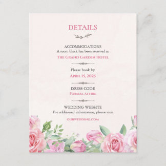 Informações Cartão de Detalhes do Casamento Blush Roses | Flor