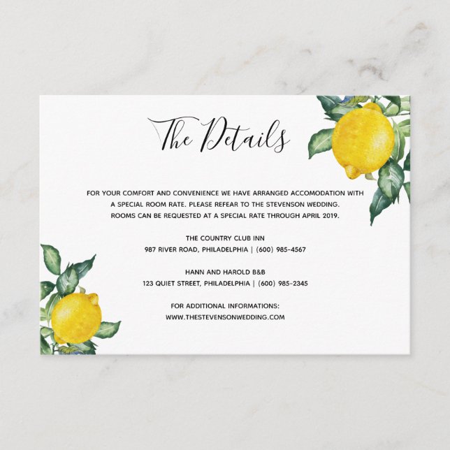 Informações cartão de detalhes do casamento dos limões (Frente)