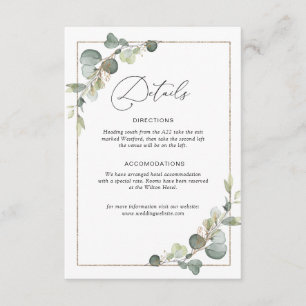 Informações cartão de detalhes do casamento eucalyptus greener