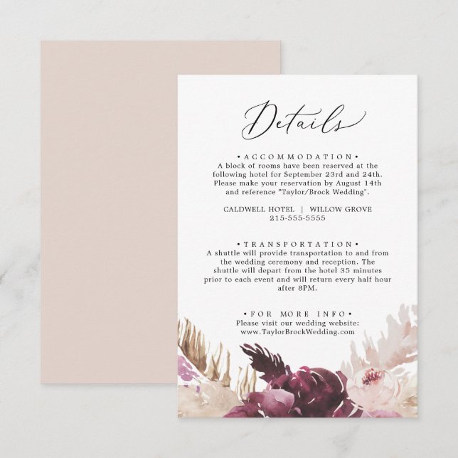 Informações Cartão de Gabinete de Detalhes do Boho Pampas Gras (Frente/Verso)