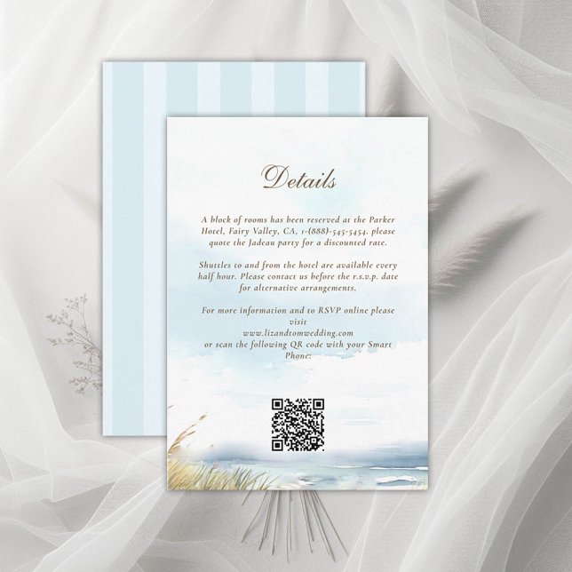 Informações Cartão de Gabinete de Detalhes do Casamento Azul d (wild beach wedding details card dreamy watercolor ocean fence grass nature formal modern classic)